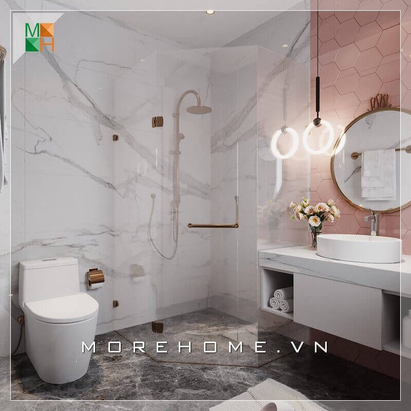 Mẫu thiết kế phòng tắm nhỏ sử dụng vách tắm kính 135 độ, giúp phòng tắm trở nên gọn gàng và luôn khô thoáng