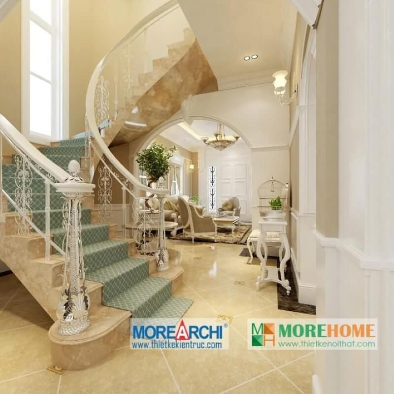 Mẫu cầu thang tân cổ điển khung sắt kết hợp ốp đá tự nhiên màu vàng cao cấp mang lại sự đẳng cấp thể hiện cá tính của gia chủ